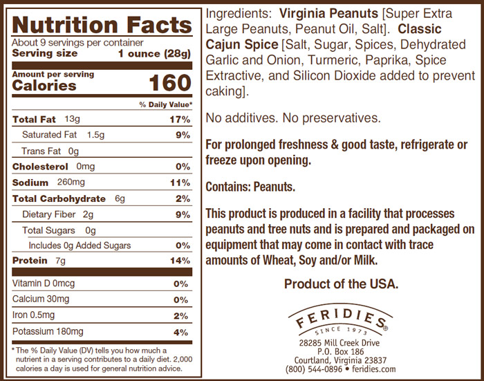 9oz Cajun Virginia Peanuts Nutritional Information