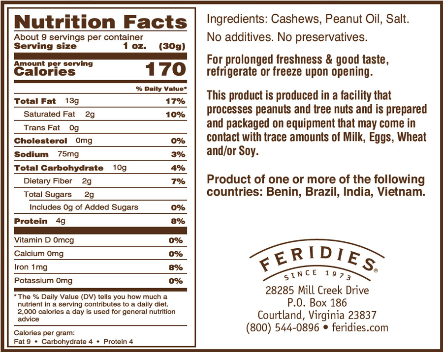 9oz Salted Cashews Nutritional Information
