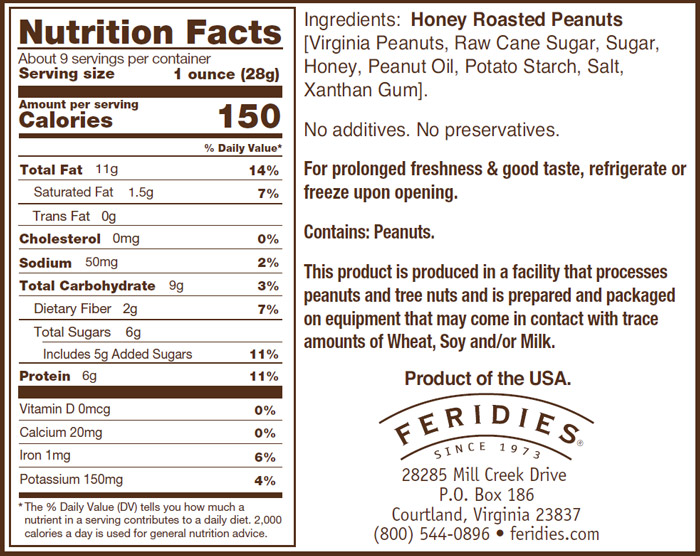 9oz Honey Roasted Peanuts Nutritional Information