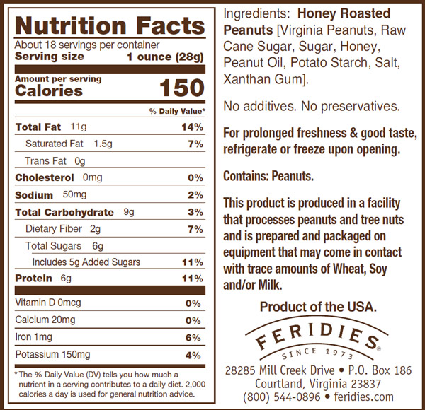 18oz Honey Roasted Virginia Peanuts Nutritional Information