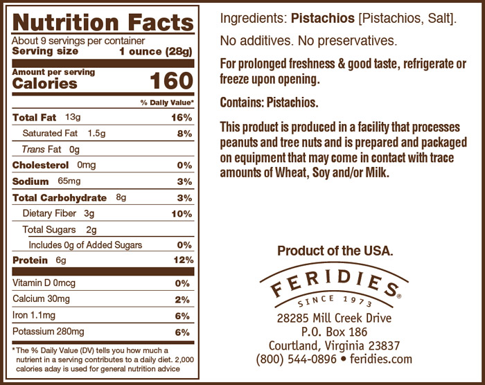 9oz Salted Pistachios Nutritional Information