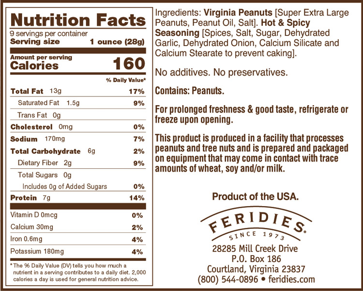 9oz Hot & Spicy Virginia Peanuts Nutritional Information