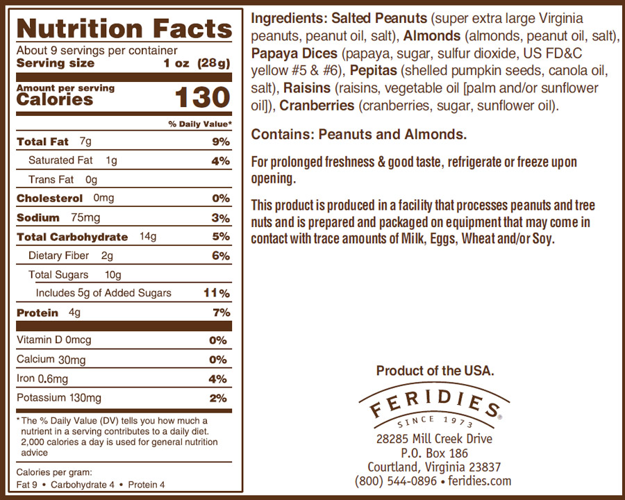9oz Rt. 58 Trail Mix Nutritional Information